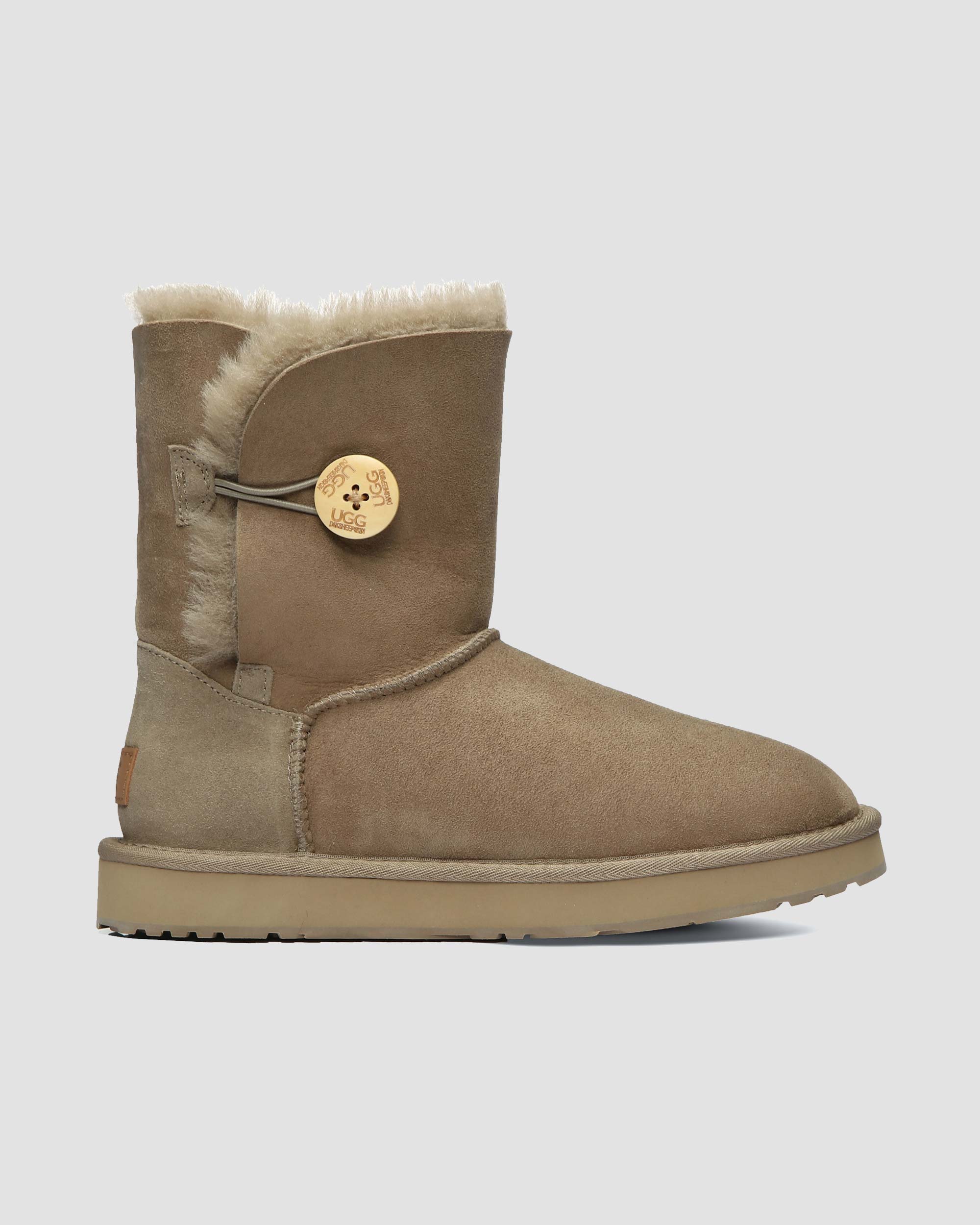 short button ugg boots antelope brown side